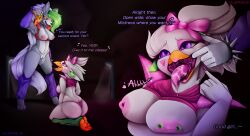 absurd_res avian bird bodily_fluids breasts canid canine canis chicken cunnilingus dominant dominant_female dripping eating_during_sex feeding female female/female five_nights_at_freddy's five_nights_at_freddy's:_security_breach flophelia galliform gallus_(genus) glamrock_chica_(fnaf) hi_res mammal oral phasianid roxanne_wolf_(fnaf) saliva saliva_drip saliva_on_tongue saliva_string salivating scottgames sex steel_wool_studios stuffing stuffing_(food) tongue tongue_out vaginal_penetration wolf