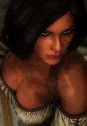 black_hair blue_eyes clothed female nonstickypants redguard saadia scar skyrim the_elder_scrolls