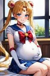 ai_generated bed bishoujo_senshi_sailor_moon blonde_hair blue_eyes blush clothing double_ponytail hand_on_stomach long_hair pregnant pregnant_belly pregnant_female sailor_moon sitting sitting_on_bed skirt small_breasts smile teeth usagi_tsukino