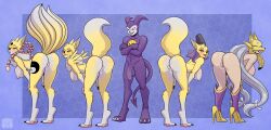 ass bandai_namco big_breasts bodily_fluids breasts digimon digimon_(species) female fox genital_fluids genitals hi_res imp impmon invalid_tag kyubimon male nude pattern_background penis pussy pussy_juice renamon sakuyamon simple_background stogiegoatarts taomon twerking vixen wet