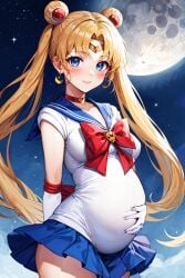 ai_generated bishoujo_senshi_sailor_moon blonde_hair blue_eyes blush clothing double_ponytail hand_on_stomach long_hair moon pregnant pregnant_belly pregnant_female sailor_moon skirt sky small_breasts smile stars usagi_tsukino