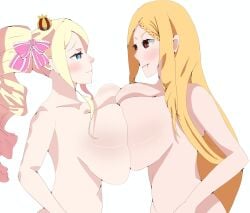 artist_name artist_request beatrice_(re:zero) big_breasts blonde_hair blue_eyes breast_press breast_squeeze breasts litlebear nude orange_hair priscilla_barielle re:zero_kara_hajimeru_isekai_seikatsu