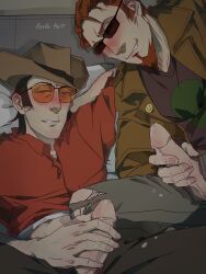 2boys blush clothed crossover jerking little_ha male/male male_focus male_only masturbating masturbation penis_out postal_(series) postal_dude sniper_(team_fortress_2) sunglasses team_fortress_2 yaoi