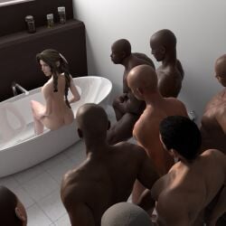 1girls 3d aerith_gainsborough ass bath bathing bathroom blender_(software) brown_hair dark-skinned_male final_fantasy final_fantasy_vii light-skinned_female multiple_boys samuraisfm sitting standing