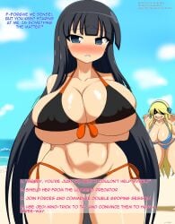 2023 alternate_breast_size arms_crossed_under_breasts beach big_breasts bikini black_hair blonde_hair blue_eyes blush breasts cloud covered_nipples drooling eyebrows_visible_through_hair huge_breasts ikaruga_(senran_kagura) imminent_grope katsuragi_(senran_kagura) large_breasts looking_at_viewer marvelous seaside senran_kagura side-tie_bikini skindentation sky soulkibble text thunder_thighs toned_stomach