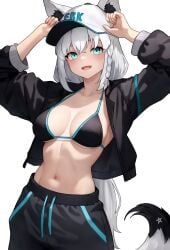 1girls bikini_top bluefield breasts female hat hololive hololive_gamers hololive_gen_1 hololive_japan kemonomimi large_breasts light-skinned_female light_skin long_hair shirakami_fubuki tail virtual_youtuber