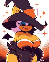 abstract_background bat bat_ears bat_girl bat_wings big_breasts blue_eyeshadow breasts cleavage costume ears_up elbow_gloves fang fangs female female_focus female_only furry gloves halloween headgear large_ears legendofnerd lipstick massive_breasts orange_skin partially_clothed partially_clothed_female partially_nude rouge_the_bat sega smile sonic_(series) tail thick_thighs thighs white_fur wide_hips wings witch_hat