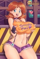 1girls bimbo blue_eyes breasts brown_hair choker crop_top denim_shorts earrings fingerless_gloves holding_breasts hoop_earrings large_breasts looking_at_viewer mario_(series) midriff nauth nauth_le_roy navel nintendo orange_crop_top outdoors overall_shorts princess_daisy purple_shorts short_hair short_shorts single_glove super_mario_bros.