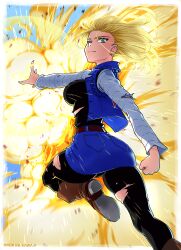 android_18 ass blonde_hair damaged_clothes dragon_ball dragon_ball_z explosion kawa-v solo