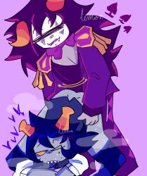 2boys black_hair clothed_sex clown_makeup fgay grey_body hair_up hiveswap homestuck horns marvus_xoloto messy_hair ms_paint_adventures no_pants nude_male_clothed_male purple_background sex sex_from_behind shirt submissive submissive_male sweat tagme teasing tongue_out zebruh_codakk