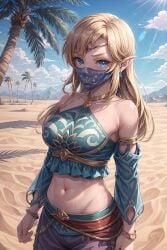 1girls ai_generated anzatiridonia blonde_hair blue_crop_top blue_eyes blue_pants bracelets breasts breath_of_the_wild circlet clouds crop_top desert detached_sleeves earrings genderswap_(mtf) gerudo_outfit gerudo_top gerudo_veil harem harem_outfit large_breasts link long_hair looking_at_viewer midriff mouth_veil navel nintendo outside palm_tree pants rule_63 sand sky sweat sweatdrop the_legend_of_zelda