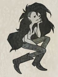 2d 2d_(artwork) adventure_time bite_mark black_hair breasts cartoon_network female grey_skin jeans long_hair marceline monochrome nipples no_background no_bra small_breasts solo