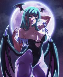 1girls bat_print capcom clothing darkstalkers female female_only full_moon gauntlets green_eyes green_hair hand_behind_head head_wings hi_res large_breasts leotard long_hair looking_at_viewer mesiasart morrigan_aensland pantyhose purple_pantyhose smiling smiling_at_viewer solo succubus succubus_costume succubus_wings thick_thighs wings