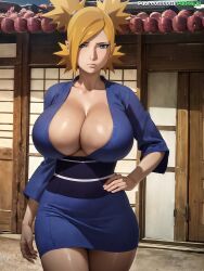 1girls ai_generated bare_chest bare_thighs big_breasts blonde_hair boruto:_naruto_next_generations breasts_bigger_than_head child_bearing_hips cleavage facing_viewer front_view hourglass_figure huge_breasts kimono light-skinned_female light_skin looking_at_viewer married_woman mature mature_female milf mother nai_diffusion naruto naruto_(series) no_bra oppai outside panda_ai patreon_username pinup ponytail quad_tails revealing_clothes short_kimono solo solo_focus stable_diffusion teal_eyes temari text thighs url wafuku walking walking_towards_viewer watermark web_address wide_hips wife yukata