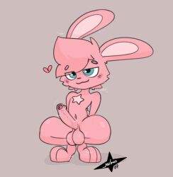 anthro balls blue_eyes blush digital_media_(artwork) erection foreskin fur genitals hair humanoid_genitalia humanoid_penis jasbun jasbun07 lagomorph leporid male mammal musk musk_clouds nude paws penis pink_body pink_fur pink_hair rabbit simple_background smile solo thick_thighs