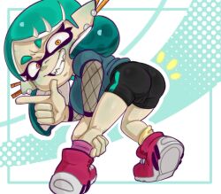 1girls ass bent_over big_breasts bike_shorts cameltoe cephalopod_humanoid earrings female_only grin hexanne inkling inkling_girl lily_(hexanne) looking_at_viewer looking_back original original_character short_stack shortstack small_shorts solo splatoon teal_hair yellow_eyes