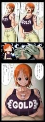 angry annoyed big_breasts breasts bribe erection female hazama_null japanese_text large_breasts male middle_finger money mosaic_censoring nami one_piece paizuri penis pre-timeskip prostitution straight text translated translation_check