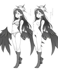 absurdres arms_behind_back aya_shachou blue_archive bra breasts choker closed_eyes feathered_wings female_pubic_hair full_body gloves grabbing_own_arm halo highres ichika_(blue_archive) justice_task_force_(blue_archive) kneehighs long_hair low_wings medium_breasts monochrome nipples nude panties pubic_hair simple_background smile socks standing trinity_general_school_student underwear white_background wings