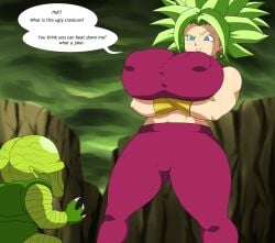 big_breasts big_thighs blue_eyes creature curvy curvy_figure dragon_ball dragon_ball_super dragon_ball_z english_text fat_legs giant_breasts green_hair interspecies kefla legendary_super_saiyan muscular_female nipples_visible_through_clothing pulpawoelbo saibaiman smug_face smug_grin super_saiyan super_saiyan_2 teenage_girl thick_thighs ugly_bastard