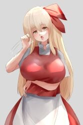 1girls 2d 2d_(artwork) apron big_breasts blonde_hair breasts clothed clothed_female clothes dot_nose ellen_fuwafuwaatama_aureus eyebrows eyebrows_visible_through_hair female female_focus gray_background grey_background hair_between_eyes hair_ornament hand_under_breasts human implied_blowjob implied_oral long_hair looking_at_viewer magician motion_lines open_mouth red_ribbon red_skirt red_vest saliva sidelocks simple_background solid_color_background source standing suggestive_gesture suggestive_look teruteru12 tongue touhou touhou_(pc-98) white_apron white_shirt witch yellow_eyes