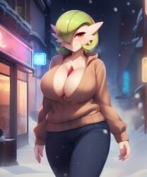 ai_generated anthro cleavage clothed female female_gardevoir female_pokemon furry gardevoir generation_3_pokemon halfaslime jeans large_breasts night pokémon_(species) pokemon pokemon_(species) red_eyes smiling snow solo sweater thick thick_thighs white_skin