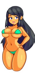 1girls bangs black_hair color colored cowboy_shot cropped_legs facing_viewer game_cg green_bikini hand_on_hip kinky_wizardy long_hair looking_at_viewer medium_breasts micro_bikini simple_background skindentation solo sprite standing stinkstonegames transparent_background underboob unknown_character