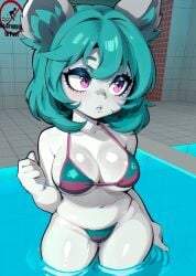 ai_generated bikini blue_skin colored_skin counter-strike_(series) fluffy_ears large_breasts league_of_legends losforry_custom pool purple_eyes shortstack teal_hair thick_thighs vex_(league_of_legends) water yordle