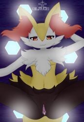 anthro black_body black_fur bodily_fluids braixen canid canine clitoris cum cum_in_pussy cum_inside female fur generation_6_pokemon genital_fluids genitals hi_res looking_at_viewer mammal navel nintendo pokemon pokemon_(species) pussy silavos smile solo spread_legs spreading watermark white_body white_fur yellow_body yellow_fur