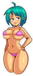 1girls aqua_hair bangs color colored cowboy_shot cropped_legs facing_viewer game_cg green_hair hand_on_hip kinky_wizardy looking_at_viewer medium_breasts micro_bikini pink_bikini png short_hair simple_background skindentation solo sprite standing stinkstonegames transparent_background underboob unknown_character