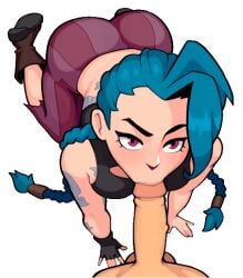 1boy 1girls all_fours animated bent_over blowjob blowjob_face blue_hair boots braids color colored fellatio female female_focus fully_clothed fully_clothed_female game_cg gold_hair_ornament jinx_(league_of_legends) kinky_wizardy league_of_legends male male/female oral oral_sex pink_eyes sprite stinkstonegames tattoos transparent_background twin_braids twintails