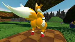 3d_(artwork) anthro anus ass balls big_butt bottomless canid canine clothed clothing digital_media_(artwork) footwear fox genitals gloves handwear hi_res male mammal nude partially_clothed sega shors sonic_(series) sonic_the_hedgehog_(series) source_filmmaker tails tecbuttlovefa thick_thighs twintails