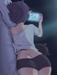 ass back_view butt_crack cute dandori_issue fan_mascot_(vtuber) hololive hololive_english hololive_myth moral_cacoethes ninomae_ina'nis nintendo nintendo_switch pikmin playing_videogame takodachi virtual_youtuber