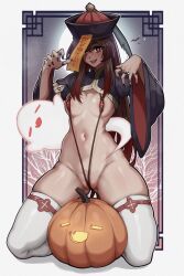 1girls aelion_draws alternate_version_available breasts exposed_nipples female genshin_impact ghost halloween hu_tao_(genshin_impact) jack-o'-lantern jiangshi light-skinned_female light_skin long_hair pumpkin revealing_clothes small_breasts smile thighhighs thighs twintails