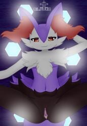 anthro black_body black_fur bodily_fluids braixen canid canine clitoris cum cum_in_pussy cum_inside female fur generation_6_pokemon genital_fluids genitals hi_res looking_at_viewer mammal navel nintendo pokemon pokemon_(species) purple_body purple_fur pussy silavos smile solo spread_legs spreading text watermark white_body white_fur