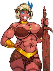 1girls abs aleksandrgav amazon blonde_hair blue_eyes dark-skinned_female dark_elf female female_only fillia_einhart golden_bracelets large_breasts looking_at_viewer muscle_girl necklace original_character smiling smiling_at_viewer sword tribal_markings tribal_tattoo weapon