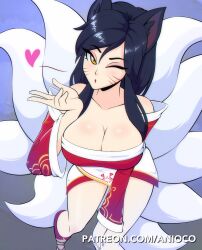 9_tails ahri animal_ear_fluff animal_ears animal_girl anioco big_breasts black_hair blowing_kiss breasts charm cleavage clothing curvaceous curves curvy curvy_body curvy_female curvy_figure curvy_hips eyelashes eyeliner eyeshadow facial_markings female fluffy fluffy_ears fluffy_tail fluffy_tails fox fox_ears fox_girl fox_tail furry_tail heart hips hourglass_figure humanoid inner_ear_fluff kemonomimi kitsune large_breasts league_of_legends light-skinned_female light_skin long_hair multiple_tails nine_tailed_fox pale-skinned_female pale_skin riot_games tail thighs vastaya video_games yellow_eyes