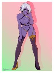 1girls 2023 absurd_res aelin_agarithil bent_over dark_elf elf elf_ears elf_female female female_only figgylicious green_eyes heels looking_at_viewer pointy_ears purple_skin skimpy skimpy_clothes solo stockings white_hair