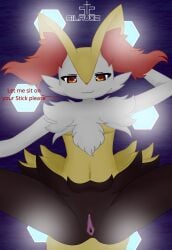 anthro black_body black_fur braixen canid canine clitoris female fur generation_6_pokemon genitals hi_res looking_at_viewer mammal navel nintendo pokemon pokemon_(species) pussy silavos smile solo spread_legs spreading text watermark white_body white_fur yellow_body yellow_fur