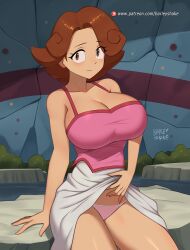 1girls barleyshake big_breasts bottomwear breasts brown_eyes brown_hair cleavage clothing dress dress_lift female female_only hair huge_breasts lola_(pokemon) mature mature_female mature_woman milf mother panties pink_panties pokemon pokemon_(anime) short_hair solo solo_female thighs topwear