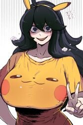 @_@ alternate_breast_size blush breasts creatures_(company) female female_only fingernails game_freak gen_1_pokemon hex_maniac huge_breasts kingbawoon long_fingernails long_hair massive_breasts messy_hair nail_polish nintendo peace_sign pikachu pokemon pokemon_(game) pokemon_xy purple_eyes purple_hair purple_nails shirt smile solo solo_female sweat tagme tight_clothes tight_shirt upper_body v