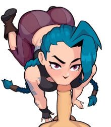 1boy 1boy1girl 1girls all_fours animated ass_up bent_over blue_hair boots color colored cum cum_in_mouth cum_inside deepthroat fellatio female female_focus fingerless_gloves fully_clothed game_cg hair_pull jinx_(league_of_legends) kinky_wizardy league_of_legends male oral pink_eyes rolling_eyes sprite stinkstonegames tattoo_on_back tattooed_arm tattoos twin_braids twintails veiny_penis white_background