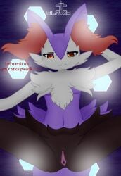 anthro black_body black_fur braixen canid canine clitoris female fur generation_6_pokemon genitals hi_res looking_at_viewer mammal navel nintendo pokemon pokemon_(species) purple_body purple_fur pussy shiny_pokemon silavos smile solo spread_legs spreading text watermark white_body white_fur