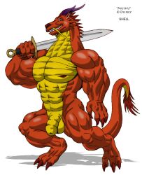 anthro balls barbel_(anatomy) big_muscles claws disney dragon eastern_dragon flaccid flesh_whiskers genitals grin horn jay_shell looking_at_viewer male male_only melee_weapon mulan mulan_(1998) muscular mushu nipples nude pecs penis scalie smile solo sword weapon