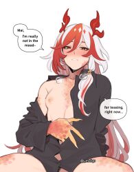 black_shirt blush female fu_hua fu_hua_(fenghuang_of_vicissitude) half_clothed half_dressed heavy_breathing honkai_(series) honkai_impact_3rd long_fingernails long_hair long_sleeves maiqo multicolored_hair only_shirt partially_unbuttoned red_eyes red_hair small_breasts steamy_breath text text_bubble white_hair