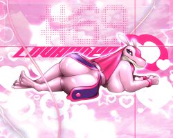 absurd_res anthro ass band1tnsfw big_butt digital_drawing_(artwork) digital_media_(artwork) english_text eyelashes female female_anthro female_focus forked_tail fur furry glistening glistening_body hair heart hi_res horn long_eyelashes long_hair lovander pal_(species) palworld pink_body pink_hair pink_skin pocketpair portrait solo tagme tail text thick_thighs unusual_anatomy unusual_tail