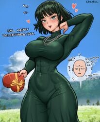 1girls abs athletic_female big_breasts blush cheekie0 clothed clothing color english_text female female_focus female_only fit_female fubuki_(one-punch_man) green_eyes green_hair hi_res huge_breasts large_breasts light-skinned_female light_skin looking_at_viewer muscles muscular muscular_female nipples_visible_through_clothing oblivious one-punch_man saitama short_hair skin_tight solo taut_clothes taut_dress text thick_thighs valentine's_day