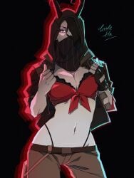 bra femsniper genderswap_(mtf) hood hooded_coat jacket_open little_ha masked pinup revealing_breasts rule_63 sniper_(team_fortress_2) team_fortress_2 thong_above_pants thong_straps