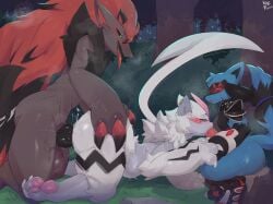 absurd_res anal anal_sex anthro biped black_body black_fur blue_body blue_fur blush double_penetration erection fur generation_4_pokemon generation_5_pokemon generation_7_pokemon genitals group hi_res kitos_(kitosnightfall) legendary_pokemon male male/male male_penetrated male_penetrating male_penetrating_male mizu_(zeraora) multicolored_body multicolored_fur nintendo oral oral_penetration pawpads penetration penile penile_penetration penis pokemon pokemon_(species) riolu sam_(zoroark) sex trio vilf white_body white_fur zeraora zoroark