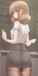 ass backview blonde_hair genek long_hair looking_at_viewer looking_back pantyhose school school_teacher schoolgirl see-through see-through_clothing see-through_skirt skirt slim_waist teacher tight_fit wide_hips