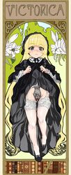 blonde_hair chastity chastity_belt chastity_device dress dress_lift female female_chastity flower garter_straps gosick gothic_lolita green_eyes highres labia lolita_fashion long_hair print_legwear pussy solo standing thighhighs tsurime uyuu very_long_hair victorique_de_blois white_legwear